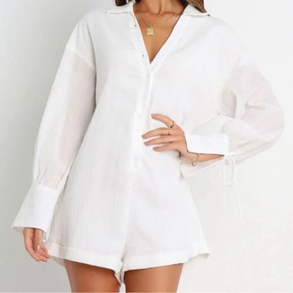 Petal + Pup Becky Playsuit White Button Front Long Sleeve Romper 37421 - Picture 1 of 10